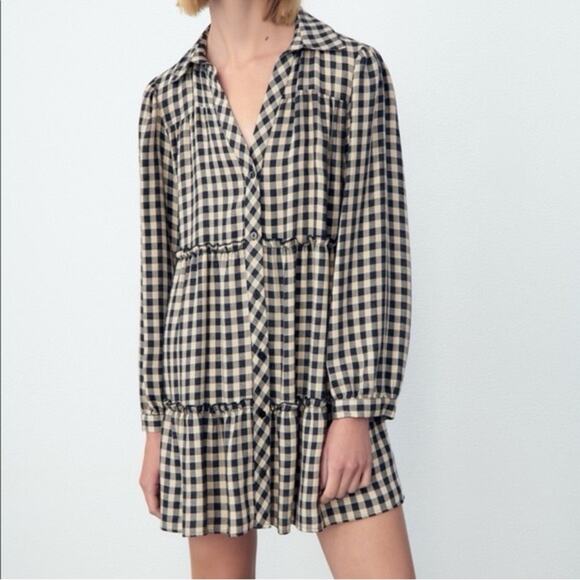 Zara Black and Tan Gingham Long Sleeve Mini Dress - Picture 1 of 8